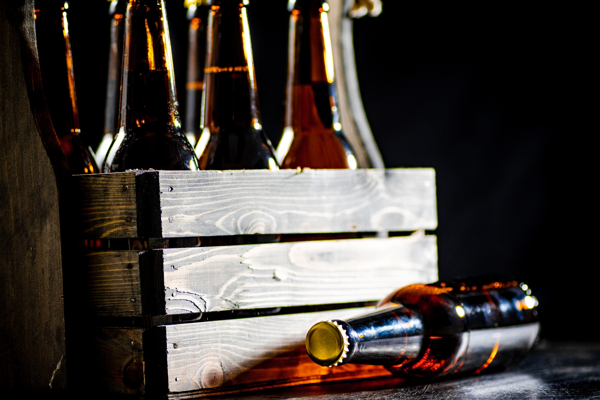 Old box with beer bottles.